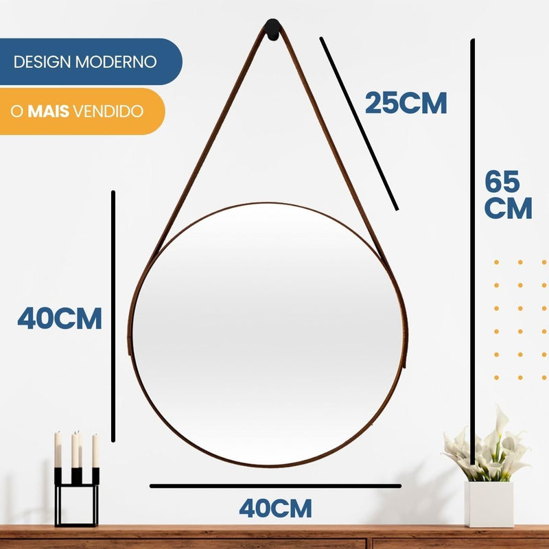 Espelho Redondo Adnet de Parede Sala Quarto Lavabo 40cm Suporte Escritório (Caramelo)
