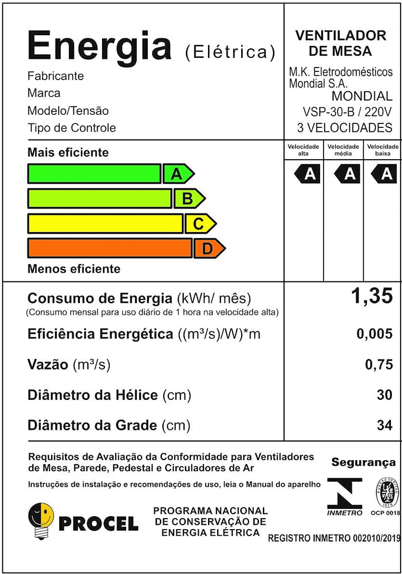 Ventilador de Mesa MONDIAL 110v 30cm